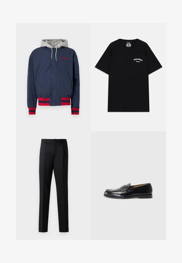 Jachetă bleumarin cu glugă gri, broderie roșie și accente în dungi roșii pe manșete și margine. Fabricată dintr-un material ușor, texturat.; Tricou negru din bumbac cu mâneci scurte, având logo-ul alb "DSQUARED2 MILANO" pe piept. Design cu gât rotund, textură netedă.; Pantaloni formali negri, confecționați dintr-un material neted, cu un design cu picior drept, pliuri frontale și talie standard fără aplicații.; Loafers din piele negri cu un finisaj neted, vârf rotunjit, cusături decorative și un mic accent metalic în față.