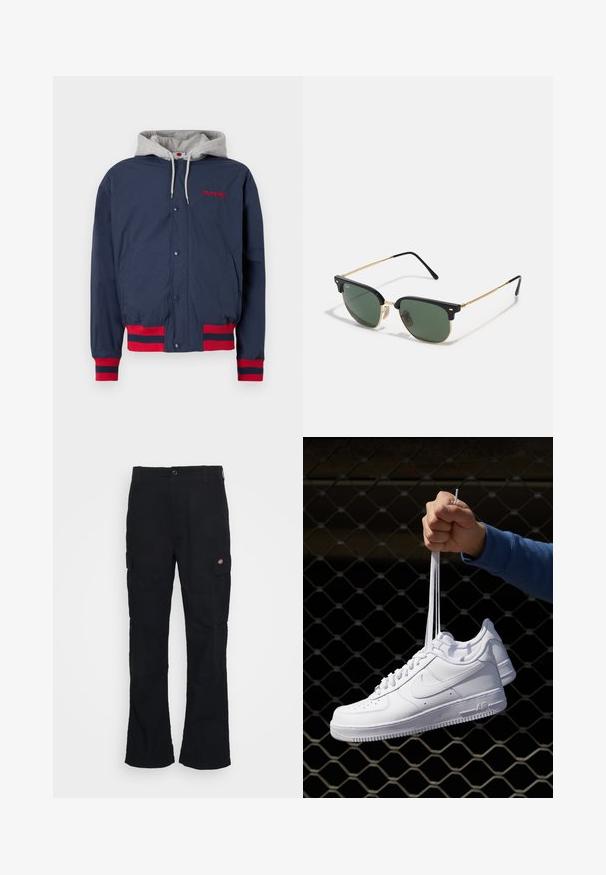 Tumesinine jakk halli kapuutsiga, punase broderi ja punaste triibuliste aktsentidega varrukatel ja allääres. Valmistatud kergest, tekstuuritud kangast.; Must mustade varrukatega jope, ümmarguse kaelusega, lõdva istuvuse ja sirge äärega. Minimalistlikud õmbluse detailid. Pehme tekstuur ja kerge materjal.; Mustadest kottpükstest, mis on sirge lõikega, valmistatud vastupidavast kangast, küljetaskute ja vasakul küljel oleva logoga.; Valged nahast tennisetossud, millel on perforatsioonid, ümar nina, lame tallus ja paksud nöörid, nähtava swooshi logoga ja "AIR" kontsadel.; Roheliste läätsedega prillid, mustast plastikust ülemine raam, kuldsed metallaktsendid ja saledad mustad templi varred. Omab iseloomulikku sillakujundust.