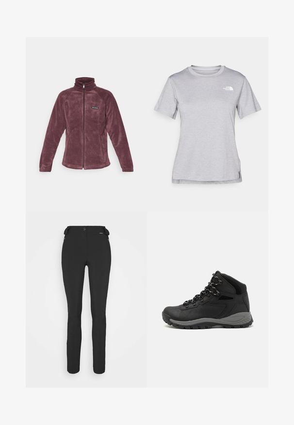 Columbia BENTON SPRINGS™ FULL ZIP - Flīsa jaka - moonvista; Pelēks īsām piedurknēm T-krekls, kas izgatavots no mīksta, mitrumu noturoša auduma. Tam ir apaļš kakls un neliels balts logo kreisajā augšējā stūrī.; Melni, pieguļoši bikses, izgatavotas no elastīga materiāla. Iespējas ietver rāvējslēdzēju sānu kabatu, ar artikulētām ceļgaliem un gludu tekstūru.; Melni pārgājienu zābaki ar vidēju augstumu, ar teksturētu augšdaļu, pelēkiem akcentiem un izturīgu gumijas zoli ar saķeres izvirzījumiem.