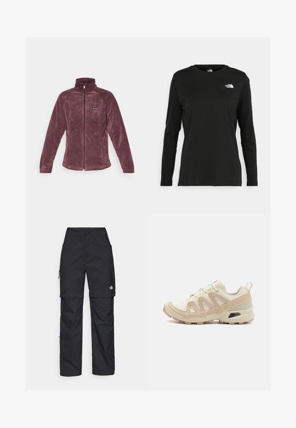Columbia BENTON SPRINGS™ FULL ZIP - Fleecejacka - moonvista; Svart långärmad t-shirt i bomull med rund hals. Har en liten vit logotyp på vänster bröstområde. Enkelt design och passform.; Svarta nylonbyxor med avtagbara ben, justerbara muddar, flera fickor och en logotyp på högra benet. Slät, lätt textur.; Beige och krämfärgad atletisk sko med texturerad meshovandel, stöttande överdrag och gummisulor med ett mönster för grepp.
