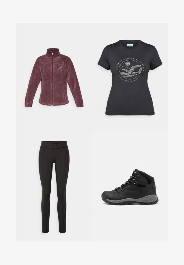 Columbia BENTON SPRINGS™ FULL ZIP - Fleecejacka - moonvista; Svart Columbia-t-shirt med vit cirkulär linjekonst av berg och flod samt texten "Columbia Sportswear Company Outside Since 1938."; Svarta leggings med hög midja, snörning, slät textur och figurnära design. Har sömnadsdetaljer längs sidorna.; Svart vandringskänga med mellanhög design, som har en texturerad överdel, grå accenter och en slitstark gummisula med greppklackar.