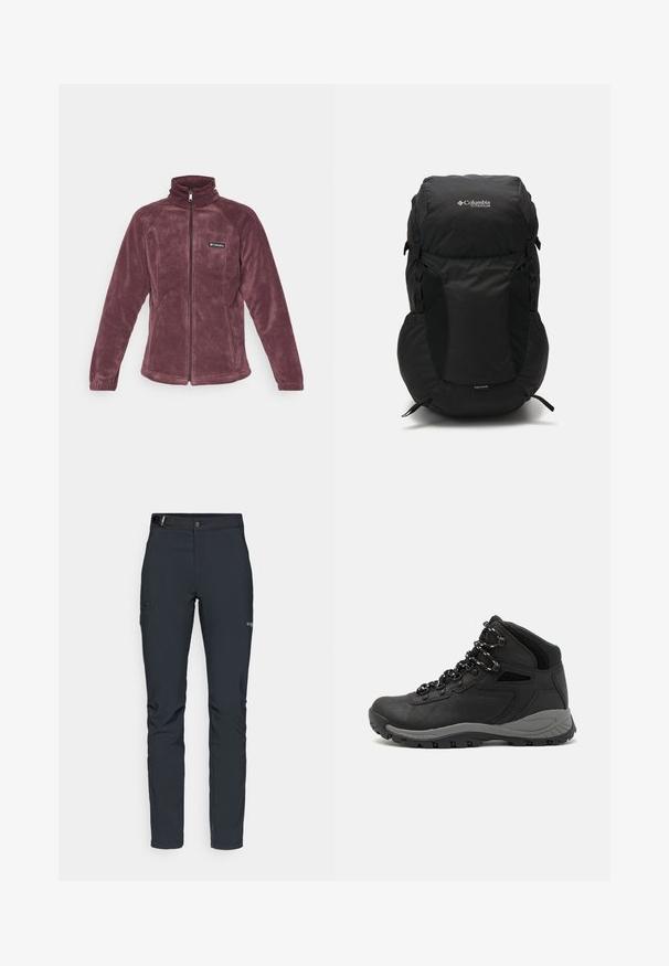 Columbia BENTON SPRINGS™ FULL ZIP - Jakna iz flisa - moonvista; Črna majica Columbia z belim krožnim risanjem gora in reke ter napisom "Columbia Sportswear Company Outside Since 1938."; Moške zunanje hlače, temno siva, izdelane iz fleksibilnega materiala, z pasom, žepom na zadrgo in ojačanim šivanjem.; Črne pohodniške čevlje z srednje visokim dizajnom, ki imajo teksturirano zgornji del, sivi dodatki in vzdržljiv gumen podplat s protizdrsnimi izboklinami.; Črn nahrbtnik s zaobljenim vrhom, izdelan iz trpežne tkanine. Ima stranske mrežaste žepe in oznako za dežno zaščito na dnu.