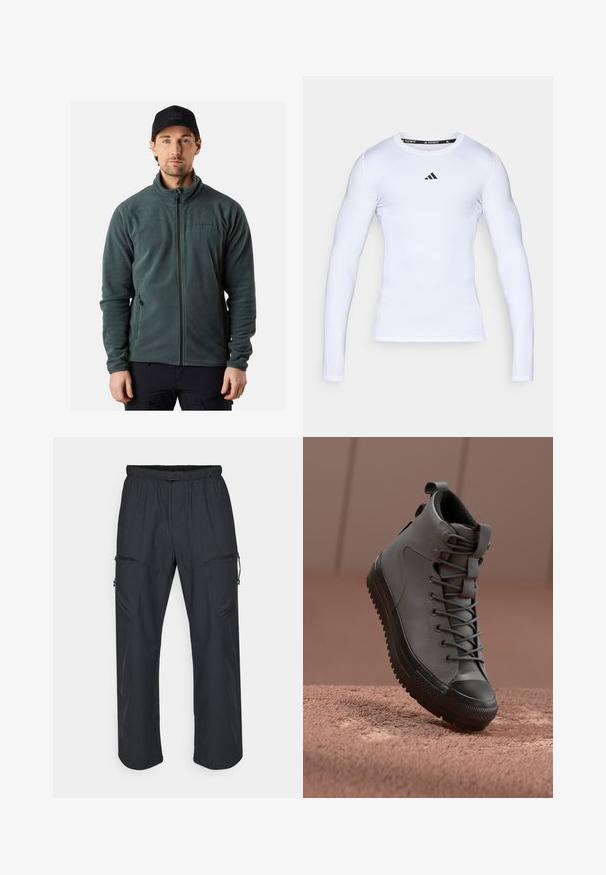 Green fleece jacket with zip front, high collar, and two side pockets. Features subtle branding on the chest. Smooth texture.; White long-sleeve athletic shirt made of stretch fabric, featuring a round neckline and a black Adidas logo on the chest.; Black cargo pants featuring an elastic waistband, two zippered pockets, and a lightweight, smooth fabric texture.; High-top sneaker in gray leather with a textured finish, black rubber toe cap, and gray laces. Features a pull tab at the heel.