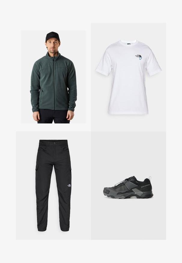 Grøn fleecejakke med lynlås i front, høj krave og to sidelommer. Har diskret branding på brystet. Glat tekstur.; The North Face EXPLORE CARABINER RELAXED TEE UNISEX - T-shirts print - white; The North Face HORIZON PANT - Outdoorbukser - black; Sort trail løbesko med en holdbar mesh-overdel, forstærket tåhætte, tekstureret gummisål og elastisk snøresystem for sikker pasform.