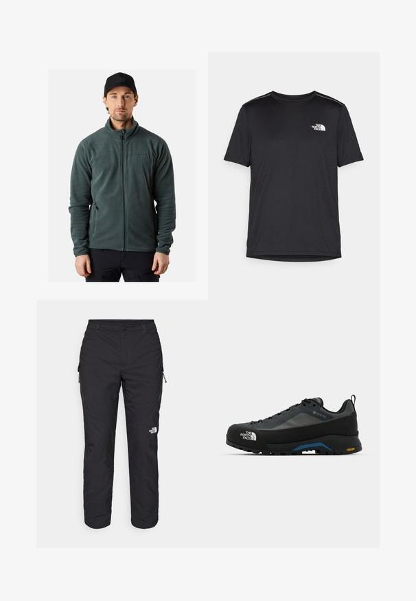 Fleecejack in donkergroen, met volledige rits, opstaande kraag, zijzakken, logodetail op de borst, gemaakt van zachte, gestructureerde stof.; Zwarte T-shirt met korte mouwen, gemaakt van lichtgewicht stof. Bevat een klein wit logo op de linkerborst en verfijnde schouderaccenten.; The North Face WINTER EXPLORATION TAPERED CARGO - Outdoorbroeken - black; The North Face VERTO ALPINE GORE TEX - Outdoorschoenen - asphalt grey/tnf black