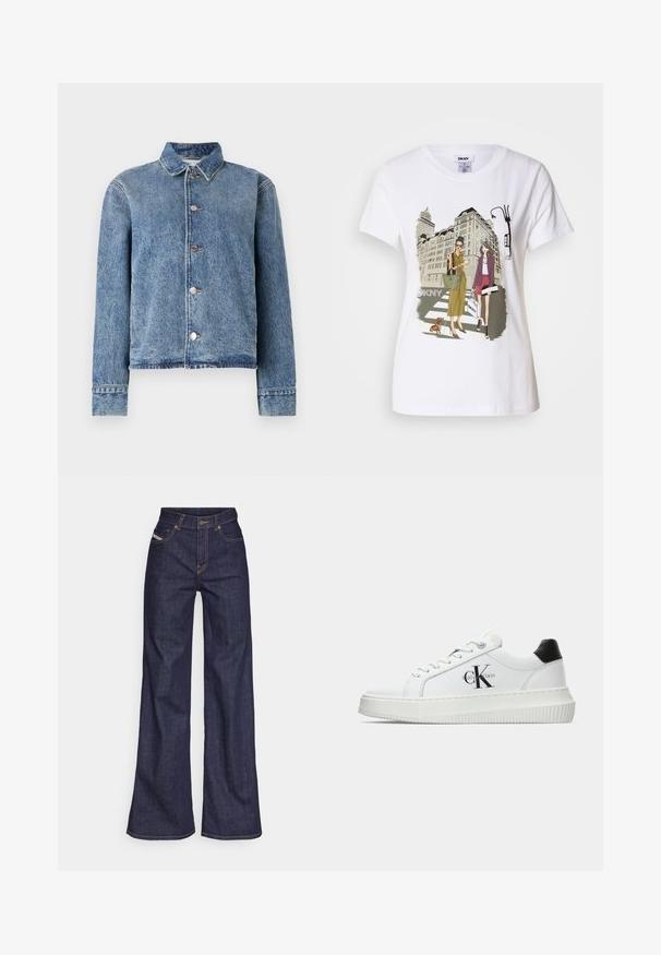Denim jacket in light blue with a button-up front, collar, long sleeves, and fringe hem. Features metal buttons and slightly distressed texture.; White cotton T-shirt featuring a printed illustration of two women in urban fashion styles with a dog on a crosswalk and city buildings.; Dark blue wide-leg jeans in denim fabric with a high waist, featuring orange stitching, five-pocket design, and a button closure.; White low-top sneaker with black heel tab, platform sole, laces, and Calvin Klein "CK" logo on the side.