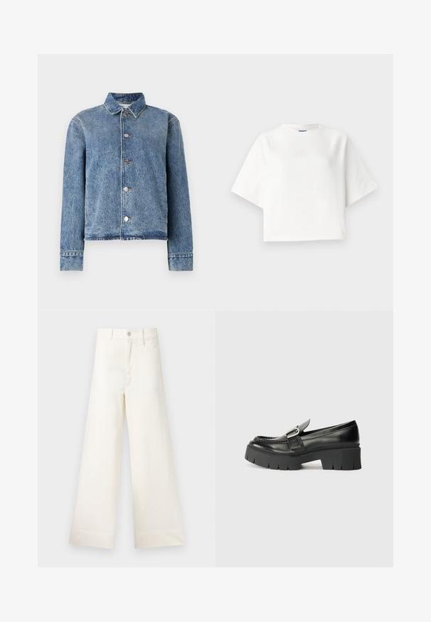 Džínová bunda ve světle modré barvě s knoflíkovým zapínáním vpředu, límcem, dlouhými rukávy a třásněmi na spodním lemu. Obsahuje kovové knoflíky a mírně opotřebovaný vzhled.; Bílé oversized tričko s krátkými raglánovými rukávy, vyrobené z měkké látky. Má decentní logo na hrudi a kulatý výstřih.; Kalhoty s širokými nohavicemi v světle béžové bavlně. Mají vysoký pas, přední kapsy a rovný střih. Čistý lem bez vzorů.; Černé kožené mokasíny s bytelnou gumovou podrážkou. Mají ozdobu v podobě přezky a prošívání po obvodu svršku. Rovný podpatek.