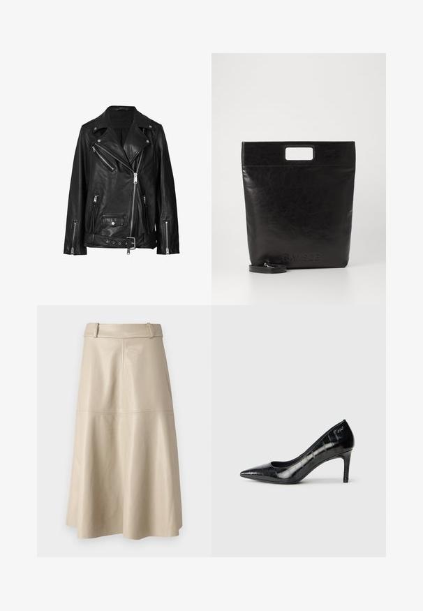 Must musta biker-jakk, millel on ebaühtlased lukud, nupud ja vöö. Tekstuur on sile ja veidi läikiv.; Mustaline, kõrge kaelusega musta sviitri peal on vasakul küljel punane süda ja valgest lõngast sõna "FUTURE". Sile tekstuur.; Beež nahast midi-seelik, millel on sile tekstuur, lai talje ja laienev serves; lisatud detailina on nähtavad õmblused.; Mustad varvastega mustad kõrged kontsad läikiva viimistluse ja peene tekstuuriga mustriga. Omab mõõdukat kontsa ja avatud kaela disaini.; Must mustrikotest läikega must nahast kott ruudukujulise käepidemega, millel on tekstuuriga viimistlus ja reljeefne logo. Kohandatav rihm on eemaldatav.