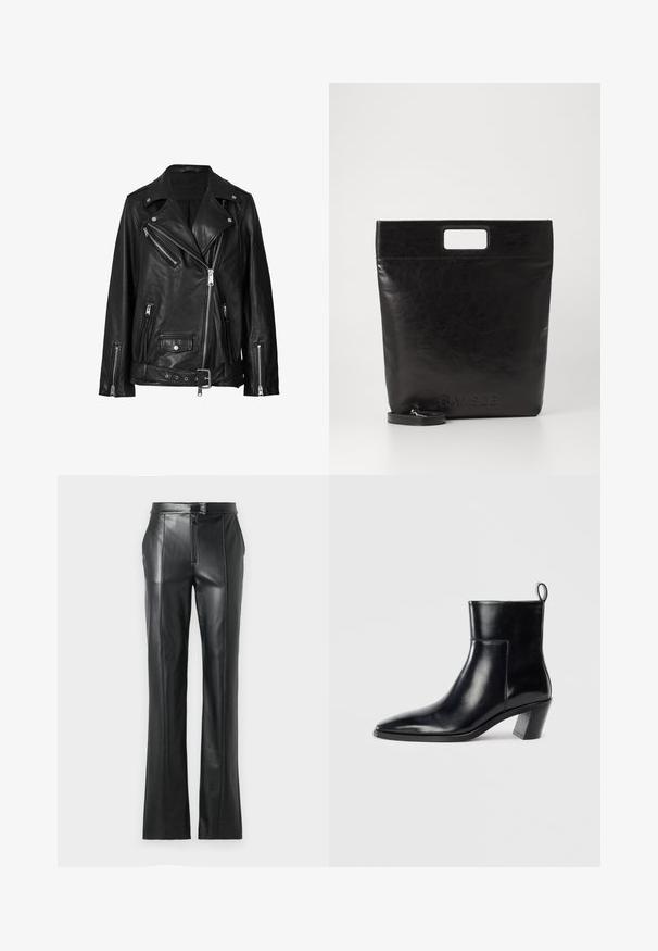 Čierna kožená motorkárska bunda s asymetrickými zipsami, cvokmi a opaskom. Textúra je hladká s jemne lesklým povrchom.; Biela skrátená mikina s dlhými rukávmi, ktorá má vzor reťazí a srdca z metalizovanej nite pozdĺž výstrihu a ramien.; Čierne kožené nohavice s rovný fit, vysokým pásom, zipsovým zapínaním a viditeľnými švami pozdĺž švov. Hladká textúra.; Čierna kožená členková čižma s špicatou špičkou, geometricky tvarovaným podpätkom a pútkom na zadnej strane. Hladká textura a elegantný dizajn.; Čierna kožená taška cez rameno so štvorcovou rukoväťou, ktorá má textúrovaný povrch a embosované logo. Obsahuje odnímateľný popruh.