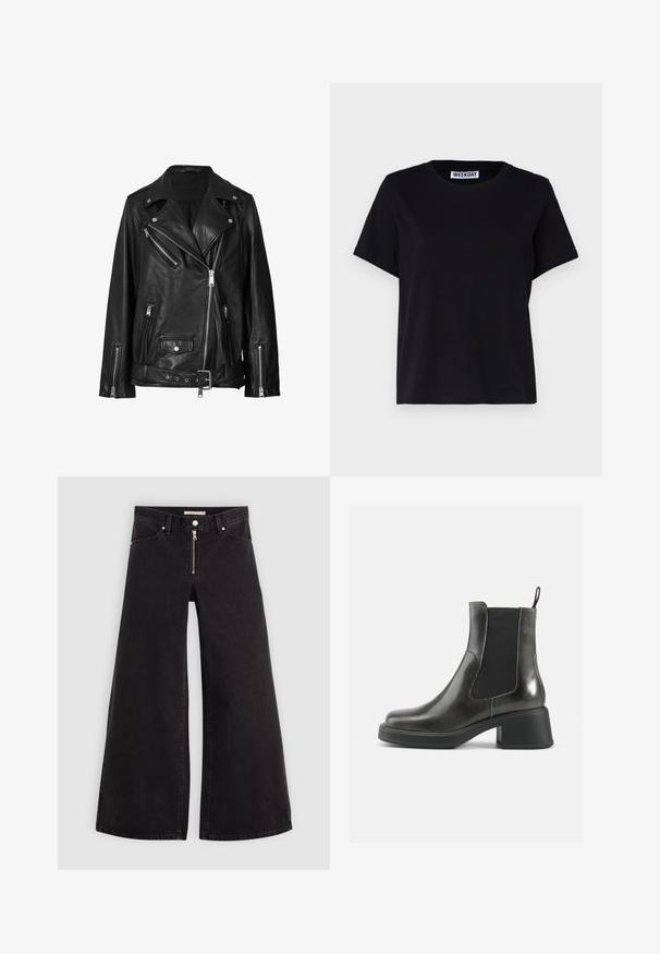 Must musta biker-jakk, millel on ebaühtlased lukud, nupud ja vöö. Tekstuur on sile ja veidi läikiv.; Mustast lühikeste varrukatega t-särk, mis on valmistatud puuvillast. Omab ümmargust kaelust ja mugavat lõiget. Silti ehtib tekst "WEEKDAY" krael.; Laiad teksad mustast denimist, millel on lukuga eesmine osa, viie taskuga disain ja peened õmblusdetailid. Sile tekstuur ja juhuslik stiil.; Mustad musta nahast pahkluu saapad siledast viimistlusest, elastsete külgpanelidega ja jämeda kontsaga. Omavad tõmbenööri, et neid oleks lihtsam jalga panna.