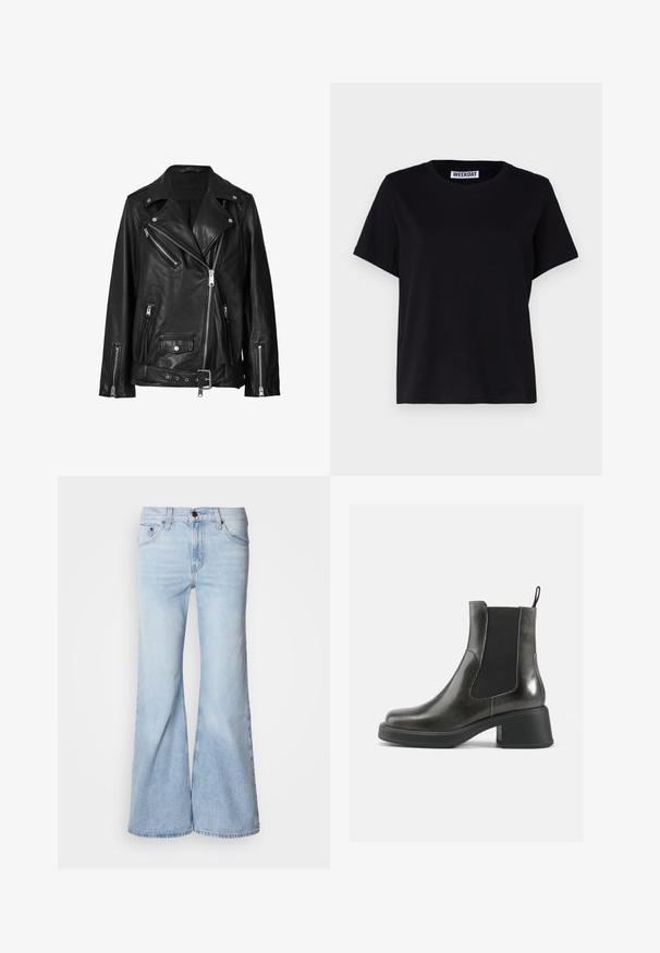 Must musta biker-jakk, millel on ebaühtlased lukud, nupud ja vöö. Tekstuur on sile ja veidi läikiv.; Mustast lühikeste varrukatega t-särk, mis on valmistatud puuvillast. Omab ümmargust kaelust ja mugavat lõiget. Silti ehtib tekst "WEEKDAY" krael.; Hele sinised lehvikpõlvedega teksad, millel on kõrge vöökoht, teksakangas, viis taskut ja nööpidega sulgur. Püksisääred on laiad ja kergelt tuhmistunud viimistlusega.; Mustad musta nahast pahkluu saapad siledast viimistlusest, elastsete külgpanelidega ja jämeda kontsaga. Omavad tõmbenööri, et neid oleks lihtsam jalga panna.