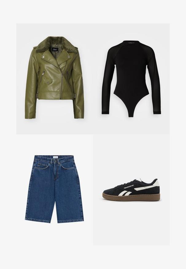 Oliivroheline nahkne mootorratturi jope kunstkarusnahast kraega, ebaühtlane katteviis, lukuga taskud ja metallist detailid. Lühendatud mudel.; Must muströmpa mustristik pikkannukkide mustri kõrgetting toori jalgade kinnitanud, mulit  haufri. Pakk keskosa ülemine vilip. ; Tumed sinised teksashortsid, millel on viie tasku disain, sirge lõige ja nähtavad õmblused. Sile tekstuur ja keskmise kõrgusega talje.; Must mustnahk kingad valgete aktsentidega, lamedate nööridega ja pruuni kummitald. Küljel on logo ja tekstuuriga ülemine osa, mis tagab haarde.