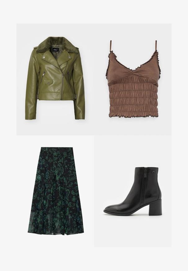 Alyvuogių spalvos odinė motociklininko striukė su dirbtinio kailio apykakle, asimetrišku užtrauktuku, užtrauktukais uždaromomis kišenėmis ir metalinėmis detalėmis. Trumpas dizainas.; Ruda trumpa palaidinė, pagaminta iš minkštos medžiagos, su susiraukšlėjimo dizainu, reguliuojamomis petnešomis ir raukšlėtais kraštais su juodais akcentais.; Juodas sijonas su žaliu gėlių raštu, su volanų kraštais ir klostėmis. Pagamintas iš lengvos medžiagos, suteikiančios sklandžią siluetą.; Juodos kulkšnies aulinės batai, pagaminti iš lygaus odos, su šonine užtrauktuku. Turi smailų nosį ir tekstūruotą masyvų kulną, užtikrinantį stabilumą.