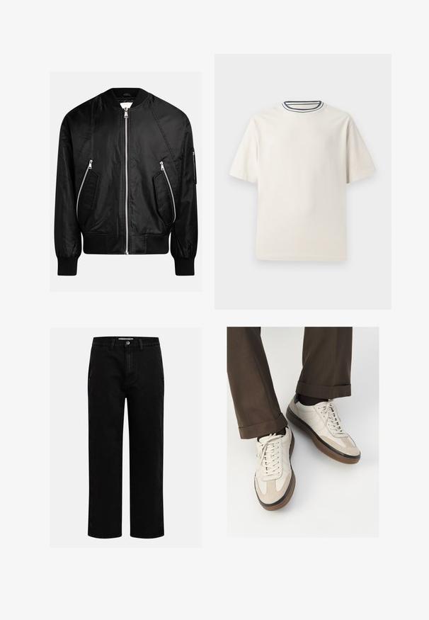 Černá bomber bunda se zapínáním na zip, žebrovanými manžetami a dvěma diagonálními kapsami na zip, s hladkým, lesklým povrchem.; Krémové bavlněné tričko s krátkými rukávy, s kulatým výstřihem zvýrazněným námořnickými a bílými pruhy. Hladká textilní struktura, volný střih.; Černé džíny s rovnými nohavicemi, klasickým pětipocketovým designem a knoflíkovým zapínáním v pase. Hladká textura a odolná látka.; Béžové tenisky s texturovanou semišovou špičkou, hladkými koženými boky a hnědou gumovou podrážkou. Na šněrování a lehkém prošití je detail.