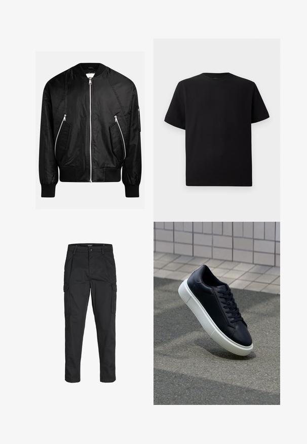 Zwarte bomberjack met een rits aan de voorkant, ribgebreide manchetten en twee diagonale ritszakken met een gladde, glanzende afwerking.; Zwarte T-shirt met korte mouwen van gemerceriseerd stof, met een ronde halslijn en een relaxte pasvorm. Eenvoudig, zonder patronen of accenten.; Zwarte cargobroek van stevig stof, met meerdere zakken, een knoopsluiting en een slim fit ontwerp met taps toelopende benen.; Zwarte leren sneaker met een ronde neus en een witte rubberen zool. Voorzien van platte veters en minimale stiksels op het bovenwerk. Textuurrijke zool voor grip.