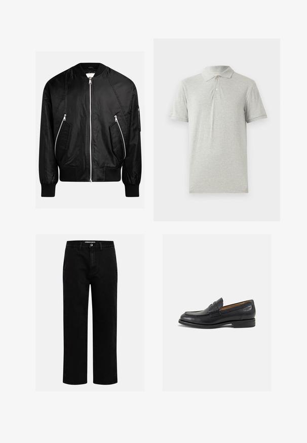Schwarze Bomberjacke mit Reißverschluss auf der Vorderseite, gerippten Bündchen und zwei diagonal angeordneten Reißverschlusstaschen sowie einer glatten, glänzenden Oberfläche.; Graues Polohemd aus weichem Baumwollstoff. Mit klassischem Kragen, Knopfleiste mit drei Knöpfen und kurzen Ärmeln. Glatte Textur ohne Muster.; Schwarze Jeanshose mit geradem Schnitt, klassischem Fünf-Taschen-Design und einem Knopfverschluss an der Taille. Glatte Textur und strapazierfähiger Stoff.; Schwarze Leder Slipper mit glatter Oberfläche, runder Spitze und dekorativer Naht auf dem Vorderblatt. Niedriger Blockabsatz und leichter Glanz.