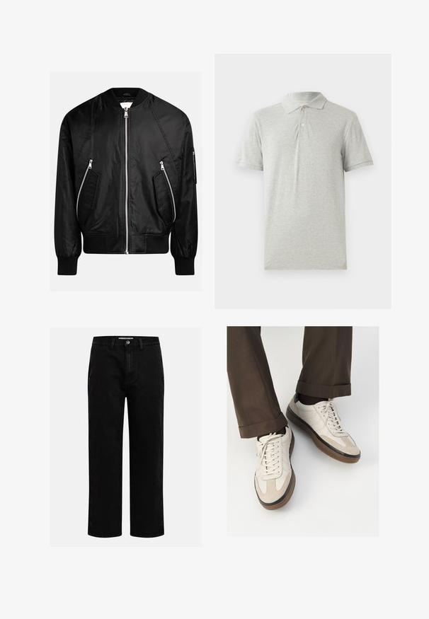 Giacca bomber nera con zip frontale, polsini in costina e due tasche diagonali con zip, dal finish liscio e lucido.; Polo grigio realizzato in morbido cotone. Presenta un colletto classico, pattina con tre bottoni e maniche corte. Tessuto liscio senza fantasie.; Pantaloni in denim nero con taglio dritto, design classico a cinque tasche e chiusura con bottone in vita. Tessuto liscio e materiale resistente.; Sneakers beige con una parte anteriore in suede testurizzato, lati in pelle liscia e una suola in gomma marrone. Inclusi lacci e dettagli di cucitura leggera.