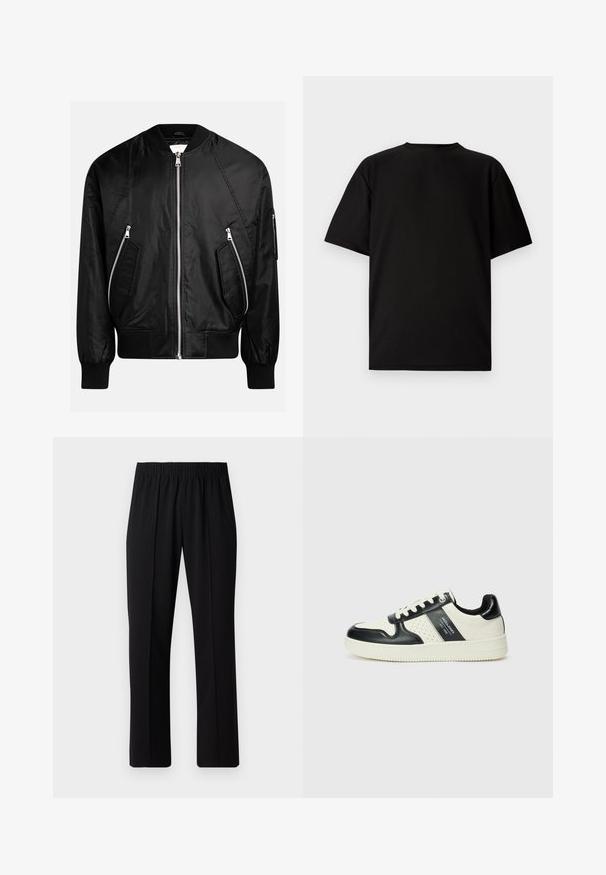 Chaqueta bomber negra con cierre frontal a cremallera, puños acanalados y dos bolsillos diagonales con cremallera, de acabado liso y brillante.; Camiseta negra de manga corta hecha de tela acanalada. Presenta un cuello redondo y un corte relajado con una textura suave. Vista trasera únicamente.; Pantalones negros con cintura elástica y diseño de pierna recta, con una textura suave y sin patrones o herrajes visibles.; Zapatillas de cuero con un esquema de colores negro y crema, que cuentan con acentos perforados, un collar acolchado y una suela texturizada.