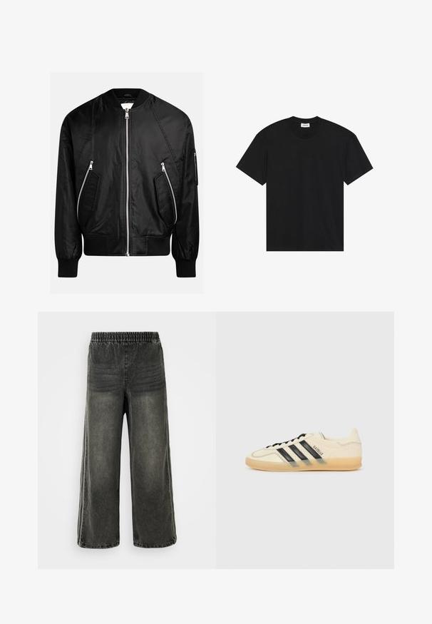 Zwarte bomberjack met een rits aan de voorkant, ribgebreide manchetten en twee diagonale ritszakken met een gladde, glanzende afwerking.; Zwart katoenen T-shirt met korte mouwen. Heeft een klassieke ronde hals en een comfortabele pasvorm zonder zichtbare patronen of accenten.; Zwart gewassen denim broek met elastische tailleband en brede pijpen, met subtiele verticale naaddetails aan de zijkanten.; Lichte crèmekleurige sneaker met zwart drievoudig streepdesign, gestructureerde bovenkant, ronde neus en gumrubberen zool. Heeft veters en merklogo op de zijkant.