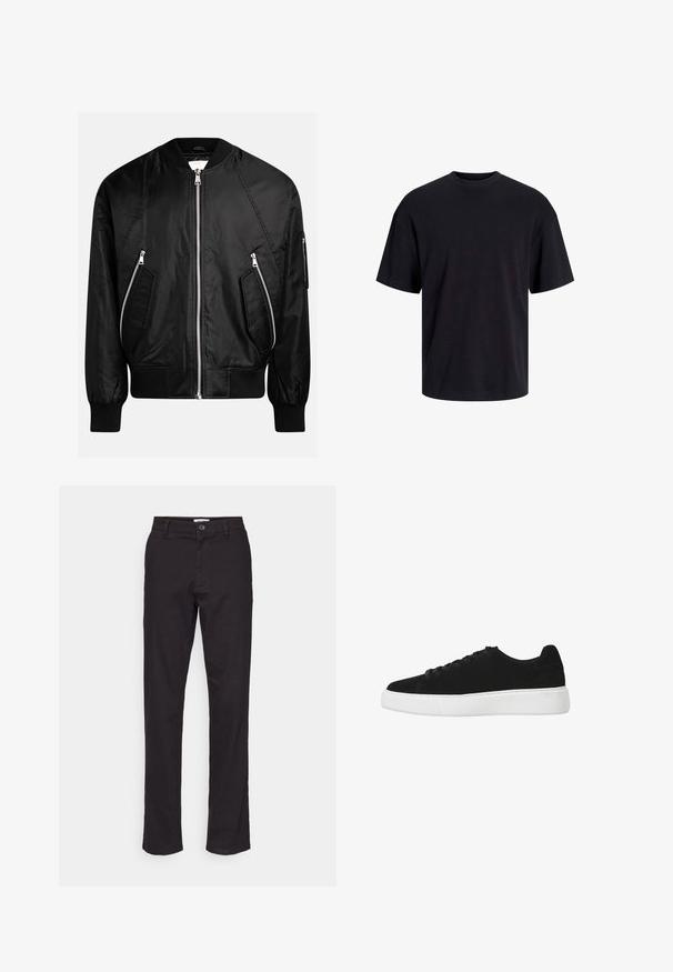 Veste bomber noire avec fermeture éclair à l'avant, poignets côtelés et deux poches zippées diagonales avec une finition lisse et brillante.; T-shirt en coton noir avec un col ras du cou, des manches courtes et une coupe décontractée. Texture lisse sans motifs ni accents visibles.; Pantalon noir en coton avec une coupe droite, présentant une fermeture à bouton à l'avant et des poches latérales. Texture lisse et détails minimalistes.; Baskets en suède noir avec un bout rond, un laçage à l'avant et une semelle en caoutchouc blanche. Design simple avec des accents minimaux et une texture lisse.