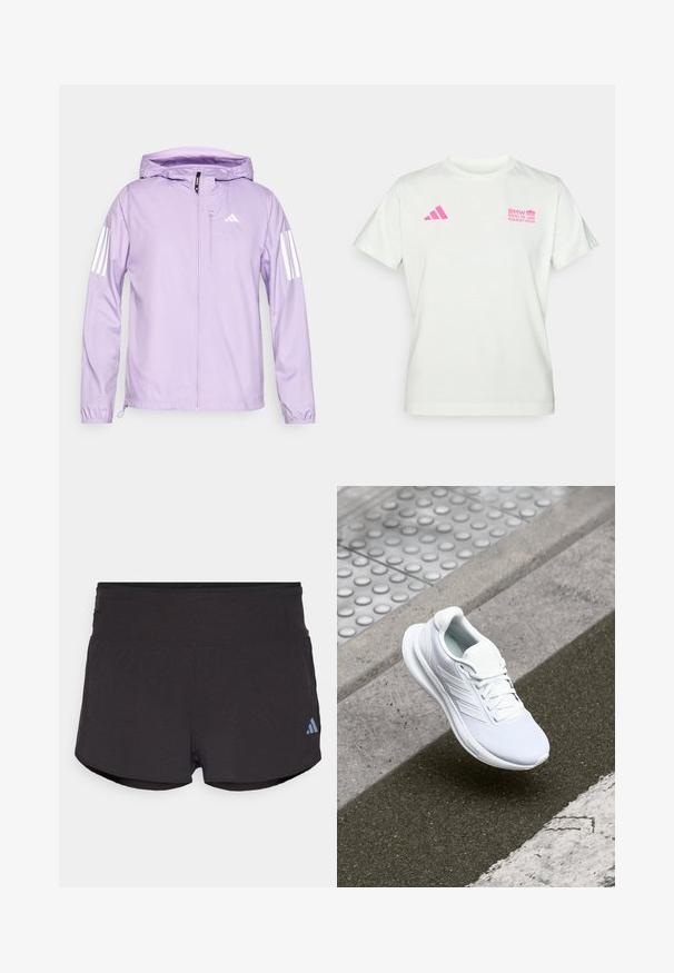 Giacca leggera di colore viola chiaro con cappuccio, caratterizzata da dettagli a strisce bianche sulle maniche e una tasca con cerniera frontale. Texture liscia.; T-shirt bianca a maniche corte con logo rosa Adidas sul lato sinistro del petto e logo del Maratona di Berlino BMW sul lato destro.; Shorts sportivi neri con finitura testurizzata, dotati di una cintura ampia e di un logo Adidas blu chiaro sul lato sinistro in basso.; Scarpa sportiva bianca con tomaia in mesh, design con lacci e suola testurizzata. Dettagli di branding sottili e costruzione senza cuciture visibili.