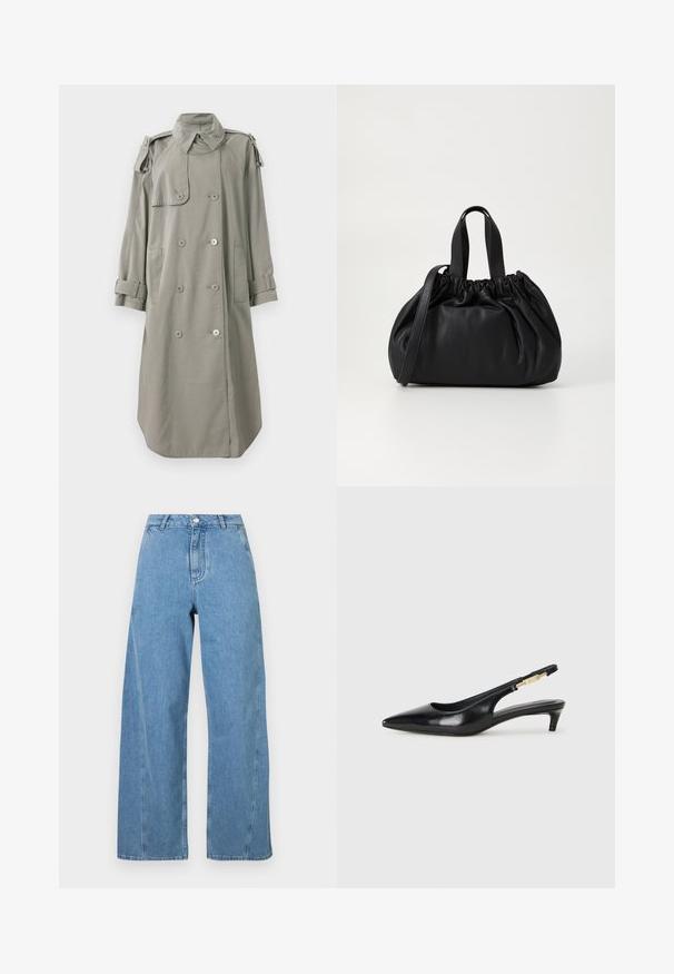 Kaksirivinen trench-takkia vaaleanharmaasta kankaasta, jossa on etutaskut, hartiakaulus ja käännetyt hihansuut. Sileä rakenne.; Mustakoristeinen ribbiknitti neule, jossa on korkea kaulus ja lyhyt malli, pitkät hihat ja teksturoitu pinta.; Vaaleansiniset leveät farkut, joissa on denimkangasta, korkea vyötärö, suora leikkaus ja kontrastiväriset tikkaukset saumoissa.; Mustat nahkaiset slingback-korkokengät, joissa on terävä kärki, ohuet korot ja kultasävytteinen yksityiskohta säädettävässä hihnassa. Silkkinen pinta.; Musta nahkabag, jossa on kerätty yläosa. Varustettu kahdella lyhyellä kantokahvalla ja pitkällä säädettävällä hihnalla. Sileä pinta, pyöreä muoto.