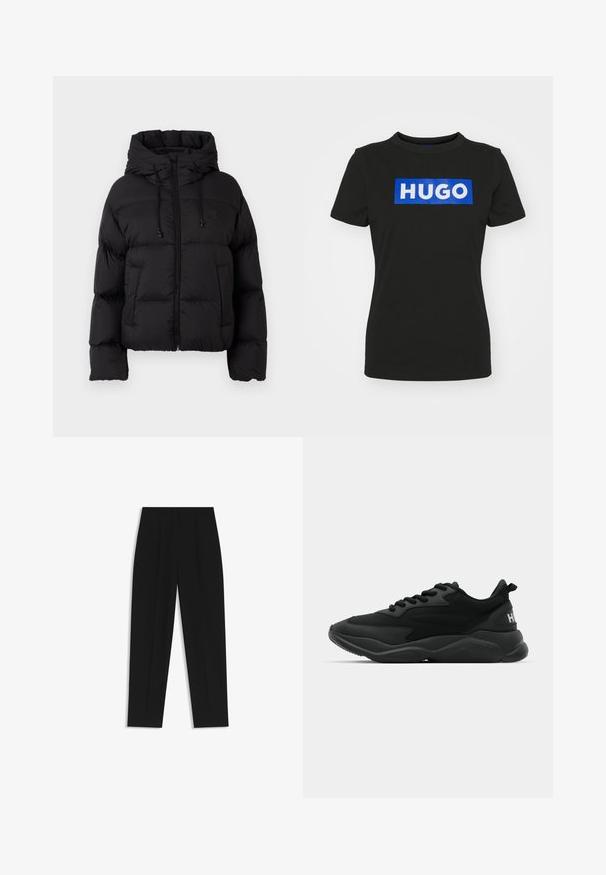 Sort quiltet pufferjakke med hætte, frontlynlås, snoretræk og to frontlommer mod en almindelig hvid baggrund.; Sort korte ærmer t-shirt lavet af bomuld, med et stort blåt rektangulært grafisk motiv med ordet "HUGO" i hvide fede bogstaver.; Sorte bukser med lige pasform, der har dobbelte folder, en glat tekstur og et klassisk taljedesign. Ingen synlige hardware eller accenter.; Sorte atletiske sneakers med en tekstureret overdel, snørelukning, polstret sål og en mærkeaccent på hælen.