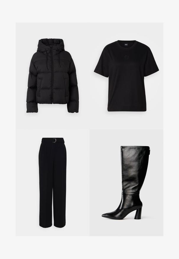 Fekete steppelt puffdzseki kapucnival, elülső cipzárral, húzózsinórral és két elülső zsebbel fehér háttér előtt.; Fekete pamut póló kerek nyakkivágással, rövid ujjakkal és hímzett logóval a mellkasán. Egyszerű, laza szabás, minta nélkül.; Fekete, testre szabott nadrág, széles szárű sziluettel, ezüst csattal ellátott övvel, pliszékkel és sima textúrával.; Térd fölé érő fekete bőr csizma hegyes orral, sima felülettel és vastag sarkal. A hátsó részen cipzár részlet található.