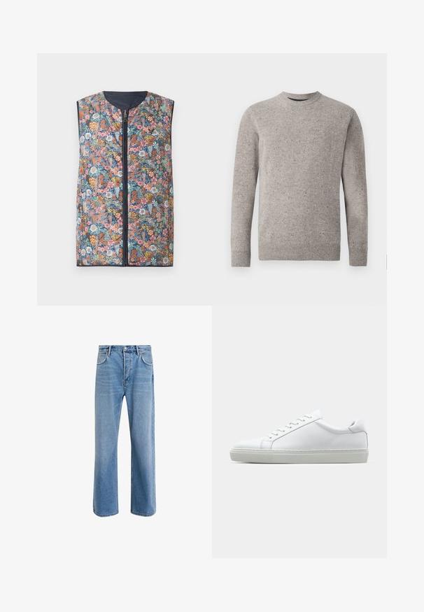 Blumenmuster-Weste mit Polsterung, die einen Reißverschluss vorne, einen runden Halsausschnitt und dunkelblaue Kanten aufweist. Die Farben umfassen rosa, orange, grüne und blaue Blumen.; Hellgrauer gestrickter Pullover mit Rundhalsausschnitt, langen Ärmeln und gerippten Bündchen und Saum. Strukturiertes Muster mit Farbklecksen.; Helle blaue Jeans im Geradeschnitt-Design, mit fünf Taschen, Knopfverschluss, minimaler Ausbleichung und kontrastierenden Nähdetails.; Weißer Sneaker mit glattem Lederobermaterial und niedrigem Profil. Verfügt über eine runde Zehenpartie, sechs Ösen und eine strukturierte Gummisohle.