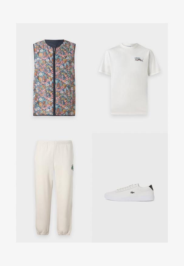 Virágmintás párnázott mellény, elöl cipzárral, lekerekített nyakkal és sötétkék díszítéssel. A színek között rózsaszín, narancs, zöld és kék virágok találhatók.; Fehér pamut póló kerek nyakkivágással, rövid ujjal és egy kis gépi hímzésű logóval, amely hegyeket és szöveget ábrázol a bal mellen.; Világos bézs szabadidőnadrág, pamutból készült, rugalmas derékkal, bordázott mandzsettákkal, és zöld logóval, amely leveleket ábrázol, a bal lábon.; Fehér bőr sportcipő kerek orral, fűzős elülső résszel és fekete sarok akcentussal. Oldalán egy kis hímzett krokodil logóval rendelkezik.
