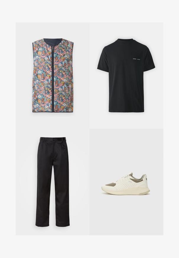 Padded telovnik s cvetličnim vzorcem, ki ima zadrgo na sprednji strani, okroglo ovratnik in temno modre obrobe. Barve vključujejo rožnate, oranžne, zelene in modre cvetove.; Črna bombažna majica s klasičnim okroglim izrezom, kratkimi rokavi in dvema malima belima logoma "SAMSØE" na levi strani prsnega koša.; Črne hlače iz gladkega materiala, ki imajo sprednjo zaponko, naborke in ravne noge. Brez vidnih vzorcev ali okraskov.; Beli in svetlo bež športni copat, s mrežastim zgornjim delom, perforiranimi detajli in teksturirano srednjim delom z blagovno znamko na peti.