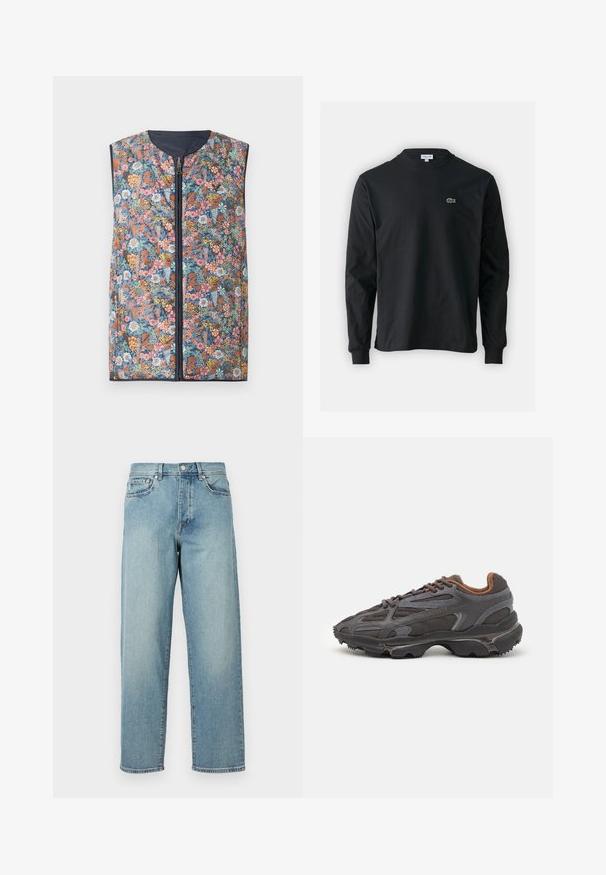 Blumenmuster-Weste mit Polsterung, die einen Reißverschluss vorne, einen runden Halsausschnitt und dunkelblaue Kanten aufweist. Die Farben umfassen rosa, orange, grüne und blaue Blumen.; Schwarzes Langarm-T-Shirt aus Baumwolle, mit Rundhalsausschnitt und einem kleinen grünen, gestickten Krokodil-Logo auf der linken Brust.; Hellblaue Denim-Jeans mit lockerer Passform, geraden Beinen, fünf Taschen im Design und einem Knopfverschluss an der Taille. Minimalistische Nähdetails.; Lacoste Sneaker in Dunkelgrau aus Mesh und Synthetikmaterial, mit einer strukturierten Sohle und braunen Akzenten am Kragen und Logo.