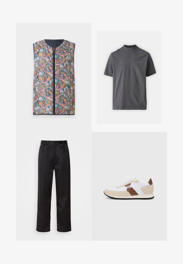 Vesta căptușită cu model floral, cu fermoar frontal, guler rotund și margini de culoare albastru închis. Culorile includ flori roz, portocalii, verzi și albastre.; Samsøe Samsøe NORSBRO - Tricou basic - volcanic ash; Pantaloni negri dintr-un material neted, cu închidere prin nasture frontal, pliseuri și picioare drepte. Fără modele sau accente vizibile.; Pantofi sport cu un amestec de plasă albă și suede bej, cu un accent din piele maro. Vârf rotunjit, talpă plată din cauciuc și design cu șireturi.