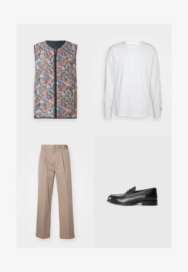 Chaleco acolchado con estampado floral que presenta un cierre de cremallera en el frente, cuello redondo y ribete azul oscuro. Los colores incluyen flores en rosa, naranja, verde y azul.; Camiseta blanca de manga larga hecha de algodón. Diseño de cuello redondo con puños acanalados y un pequeño logo en la manga izquierda. Textura suave.; Pantalones beige de cintura alta con diseño de pierna ancha. Presentan dos pliegues frontales y una textura suave. Largo estándar con un acabado limpio.; Mocasines de cuero negro con un acabado suave, detalles de costura en la parte delantera y un tacón ligeramente elevado.