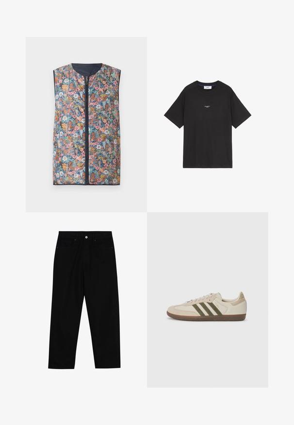 Ziedu raksta pildīta veste ar rāvējslēdzēju priekšā, noapaļotu apkakli un tumši zilu apdari. Krāsu gamma ietver rozā, oranžas, zaļas un zilas ziedus.; Melnas kokvilnas T-krekls ar apaļu kaklu un īsām piedurknēm. Priekšā ir neliels balts logotipa izsistums. Vienkāršs dizains, brīvs piegriezums.; Melni džinsi ar taisnu kāju griezumu, piecu kabatu dizainu un priekšēju pogu aizdari. Gluda tekstūra ar minimālu šuvju detaļu skaitu.; adidas Originals SAMBA OG UNISEX - Sporta apavi - alumina/medium dark khaki/gum