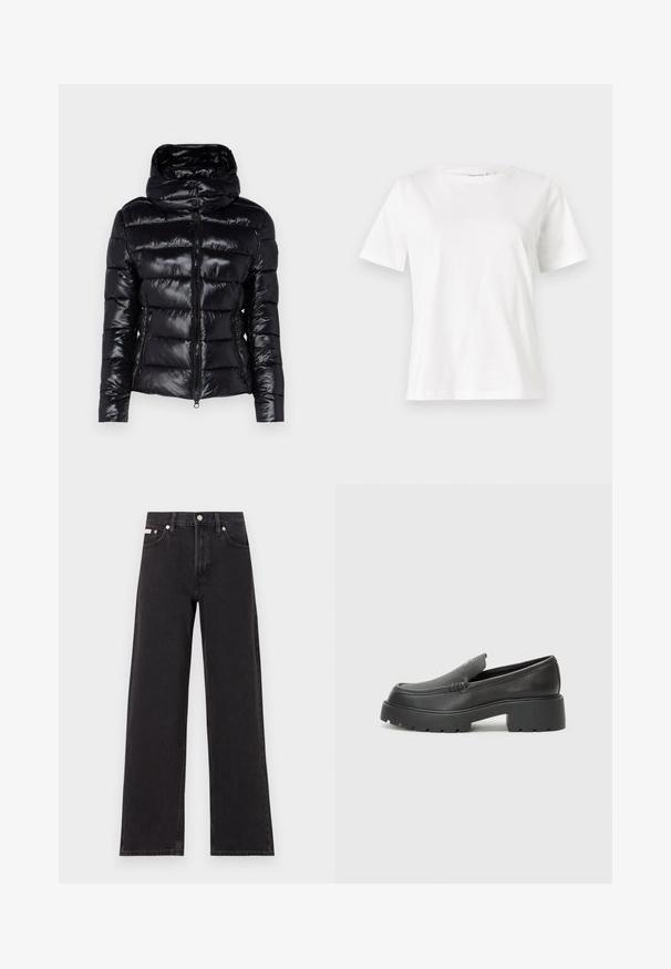 Casaco puffer preto com um acabamento brilhante, apresentando um colarinho alto, fecho com zíper e bolsos laterais. Estruturado com secções acolchoadas.; T-shirt de algodão branco com mangas curtas, decote redondo e um corte descontraído. Textura suave, sem padrões ou detalhes, design minimalista.; Jeans de perna larga pretos feitos de denim, apresentando uma cintura alta, estilo de cinco bolsos e um fecho em botão de metal com costura contrastante.; Mocassins de couro preto com bico arredondado, sola espessa e texturizada, e detalhes de costura minimalistas. Design elegante sem atacadores ou ferragens visíveis.