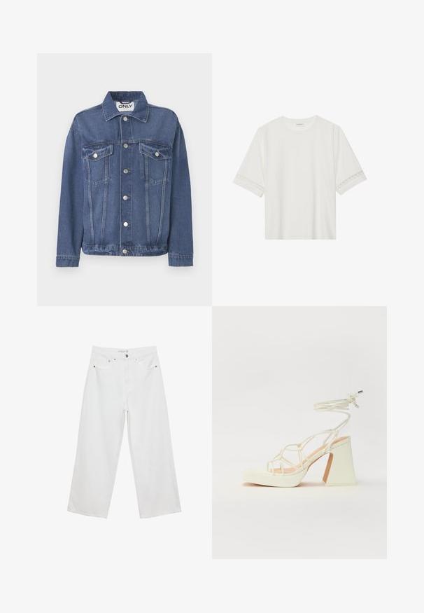 Jeans jakna v srednje modri barvi s klasičnim dizajnom. Ima dva žepa na prsih, srebrne gumbe in ovratnik.; Bela kratka majica s kratkimi rokavi iz bombaža, okrašena z dekorativnim čipkastim robom ob rokavih in okroglo izrezom.; Bele široke hlače iz denima, visoke pasu, z petimi žepi in kovinskimi dodatki. Gladek tekstur, brez vidnih vzorcev.; Bela sandala na visokih petah s debelim petam, ki ima obliko trakcev in vezanje okoli gležnja. Gladka tekstura z platformo spredaj za dodatno višino.