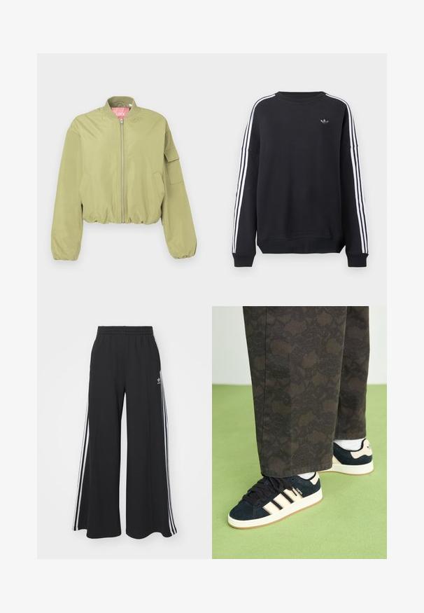 Ljus olivgrön bomberjacka med rundad krage, framdragkedja och elastisk nederkant. Innehåller en sidoficka och en mjuk tygkvalitet.; Svart sweatshirt med långa ärmar, vita ränder längs varje arm och en liten grå logotyp på bröstet. Bomullsmaterial, avslappnad passform.; Svarta vida sweatpants med elastisk midje, med vita sidosträck och en broderad logotyp på vänster lår.; Svarta och mönstrade byxor i kombination med marinblå mockaskor med beige ränder och vita sulor. Ytorna är texturerade och platta.
