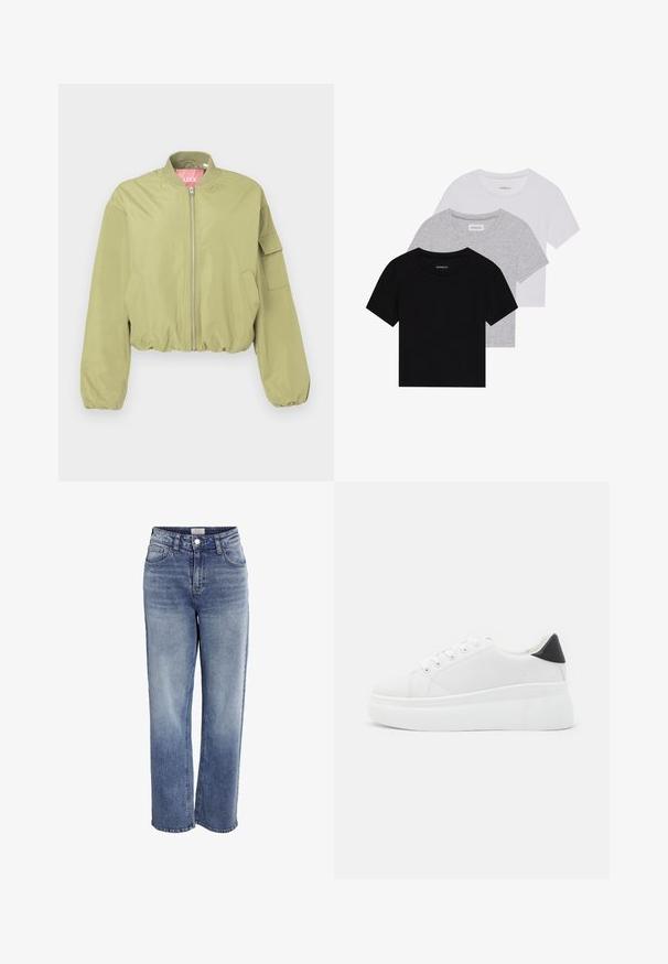 Lys olivengrønn bomberjakke med rund krage, frontglidelås og elastisk hems. Har en sidelomme og glatt stofftekstur.; Sett med tre kortermede t-skjorter i svart, grått og hvitt. Laget av bomull, med rund hals og en enkel, ensfarget design.; Lyseblå denim vide bukser med høy midje, frontlommer og glidelås. Med en falmet vask og rå kant ved anklene.; Hvite plattform sneakers laget av glatt syntetisk materiale, med rund tå, snøring og en strukturert gummisåle. Svart hæl akcent.