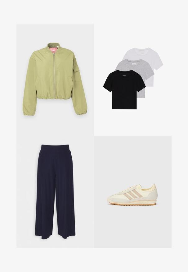 Hele oliiviroheline bomber-jakk ümmarguse krae, esisepp ning elastse allääriga. Omab küljetaskut ja sileda tekstuuri.; Kollektsioon kolm lühikese varrukaga T-särki mustas, hallis ja valges värvitoonis. Valmistatud puuvillast, ümmarguse kaelusega ja lihtsa, ühevärvilise disainiga.; Tumed põlvpüksid tumedast meresinisest kangast, millel on sooneline tekstuur. Omab sujuvat vööd ja voolavat siluetti, ulatudes pooleni säärest.; Kreem värvi spordijalats, millel on kolm beeži triipu, sametist ja tekstiilist materjalid, tekstureeritud tallaosa ning reljeefne bränding kandadel.