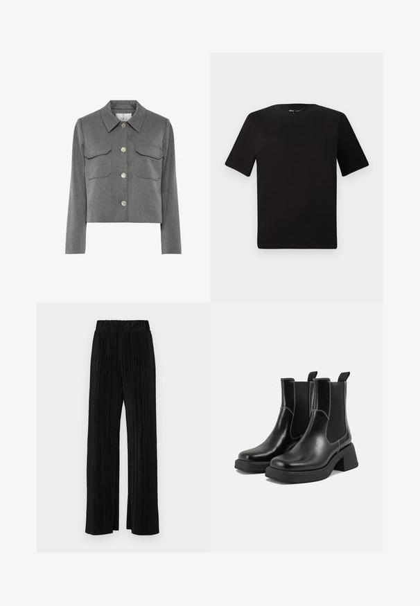 Harmaa lyhyt takki, joka on valmistettu sileäkuituisesta kankaasta. Takissa on kaksi rintataskua, terävä kaulus ja kuusi ymp roundista metallipainiketta.; Musta lyhythihainen t-paita pyöreällä kaula-aukolla, valmistettu pehmeästä puuvillakankaasta. Yksinkertainen malli, ei näkyviä logoja tai kuvioita.; Mustat pleatatut housut, joissa on joustava vyötärö. Ominaisuuksiin kuuluvat leveät lahkeet ja sileä, teksturoitu kangas, jossa on pystysuoria raitoja.; Mustat nahkaiset Chelsea-kengät paksulla korolla, joustavilla sivupaneeleilla ja kontrastilla valkoisella ompelulla. Teksturoitu pinta.