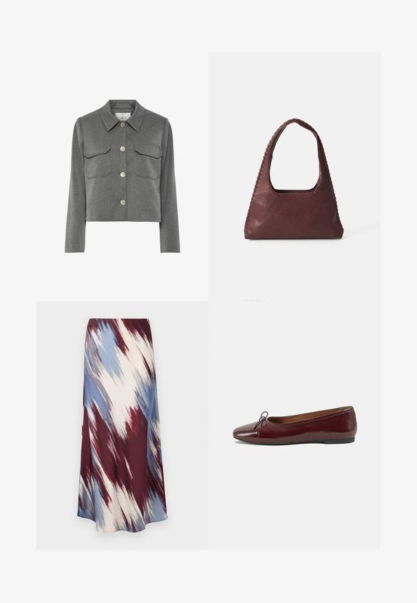 Grijze cropped jas gemaakt van stof met een gladde textuur. Kenmerken zijn twee borstzakken, een puntige kraag en zes ronde, metalen knopen.; Langarm gestreepte polo shirt in bordeauxrood en wit, met een kraag, een drukknoopsluiting met drie knopen en een geborduurd logo op de borst.; Lange rok met een diagonaal tie-dye patroon in bordeauxrood, blauw en crème, gemaakt van zachte stof met een vloeiende silhouet en een lichte glans.; Bordeaux gepatenteerd lederen ballerina met een ronde neus, een klein strikaccent aan de voorkant en een lage, zwarte rubberen zool. Glad textuur.; Bordeaux leren handtas met een driehoekige vorm, open bovenkant en vlechtwerk langs de handgreep. Soepele textuur met een matte afwerking.