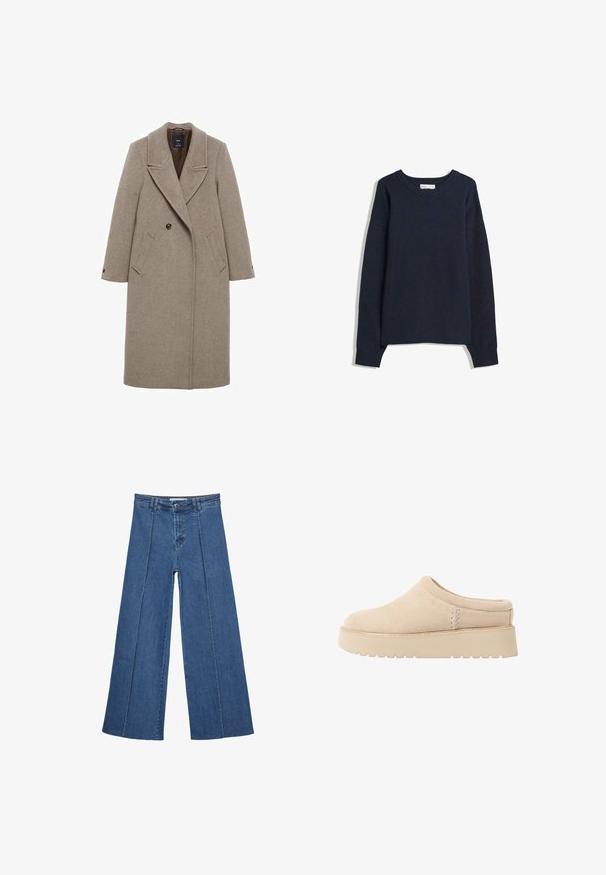 Mango Cappotto classico - brown; Maglione blu navy con scollo a V, maniche lunghe, polsini e orlo a costine. Realizzato in morbido materiale lavorato a maglia, presenta una vestibilità comoda e un design minimalista.; Jeans in denim a gamba larga di blu medio, con vita alta, chiusura con bottone e dettagli delle cuciture verticali a contrasto lungo la parte anteriore.; Scarpe slip-on in suede beige con punta arrotondata e suola piatta spessa e texturizzata. Presentano cuciture minime e un design morbido.