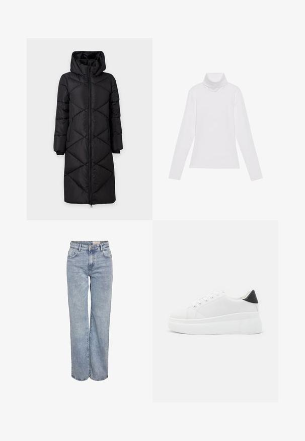 Black padded long coat with a hood, featuring diagonal stitching, two side zip pockets, and ribbed cuffs. Smooth, water-resistant fabric.; White long-sleeve turtleneck top made of smooth, stretchy fabric. Features a high collar and fitted design, with no visible patterns or embellishments.; Light blue wide-leg jeans made from denim, featuring a high waist, five-pocket design, and subtle fading for a worn-in look.; White platform sneakers made of smooth synthetic material, featuring a rounded toe, lace-up design, and a textured rubber sole. Black heel accent.