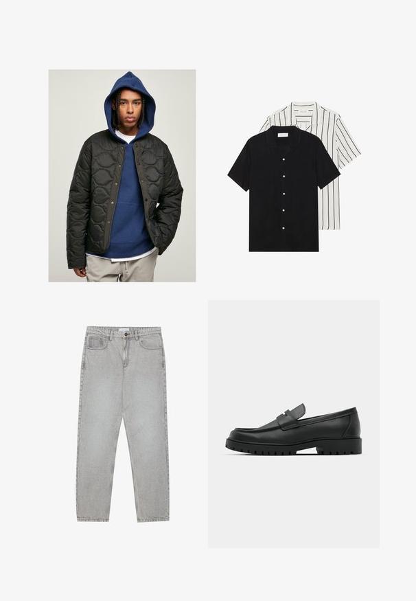Sort quiltet jakke med blank finish og trykknapper, båret over en blå hættetrøje. Modellen har fletninger.; To korteærmede skjorter: en ensfarvet sort og en hvid med sorte lodrette striber. Begge har knaplukninger og en klassisk krave.; Lysegrå denimbukser med lige ben, fem lommer og knaplukning. Synlig syning langs sømmene.; Sorte læder loafers med rund tå, der har et syet design, lav platformssål og en struktureret, skridsikker gummisål.