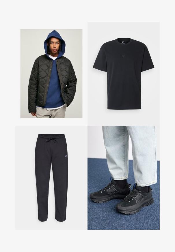 Jachetă neagră, matlasată, cu un finisaj lucios și nasturi snap, purtată peste un hanorac albastru cu glugă. Modelul are părul împletit.; Tricou din bumbac negru Nike, cu guler rotund clasic, mâneci scurte și un logo subtil embosat pe piept. Textură netedă.; Pantaloni de trening negri dintr-un material moale, cu talie elastică, șnur de ajustare și un mic logo Nike pe coapsa stângă.; Pantofi sport negri, cu țesătură texturată și tălpi din cauciuc, având șireturi elastice și un accent albastru pe toc. Purtați cu pantaloni din denim deschis.