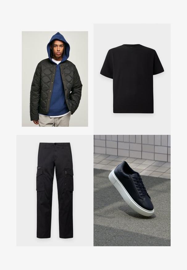 Juodas siuvinėtas švarkas su blizgiu paviršiumi ir spaudėmis, uždėtas ant mėlynos gobtuvinės palaidinės. Modelis turi pintas plaukų.; Juodas trumpomis rankovėmis marškinėliai, pagaminti iš tekstūruotos medžiagos, su apvaliu iškirpimu ir laisvu siluetu. Paprasti, be raštų ar akcentų.; Juodos krovinių kelnės, turinčios kelis kišenes, užtrauktuku uždaromą kišenę ant šlaunies, tiesaus kirpimo ir tvirtos medvilnės audinys su nežymiu blizgesiu.; Juodas odinis sportbačius su apvaliu pirštu ir baltu gumuotu padu. Turi plokščias raišteles ir minimalų siuvimą viršuje. Padangos tekstūra užtikrina sukibimą.