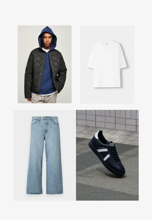 Giubbotto nero trapuntato con finitura lucida e bottoni a pressione, indossato sopra una felpa con cappuccio blu. Il modello ha i capelli intrecciati.; T-shirt bianco a maniche corte realizzato in cotone, con scollatura rotonda e vestibilità rilassata. Texture liscia, senza motivi o dettagli visibili.; Jeans azzurri a gamba larga realizzati in denim, con chiusura a bottone, lieve scolorimento e design a cinque tasche standard.; Sneaker neri in pelle con strisce bianche, suola in gomma texturizzata e allacciatura frontale. Presenta un'etichetta con il marchio sulla linguetta.
