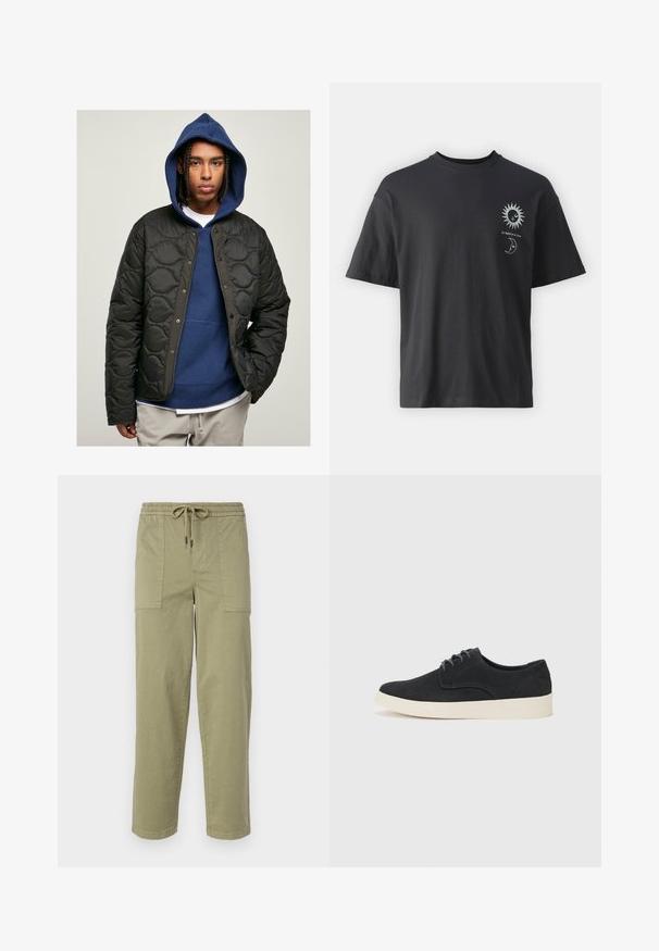 Crna pufasta jakna s sjajnom završnom obradom i dugmadi na snap, nosi se preko plave dukserice s kapuljačom. Model ima pletene kose.; Crna pamučna majica kratkih rukava, okruglog izreza, s grafikom sunca i mjeseca na prednjoj strani, uz tekst "Le Soleil et La Lune."; Svijetlo maslinasto zelene hlače od mješavine pamuka, sa elastičnom strukom i vezicom, te dva velika bočna džepa.; Crne nubuk cipele s vezicama i okruglim nosom, lagana kremasta srednja podrška i suptilni plavi šavovi na gornjem dijelu.