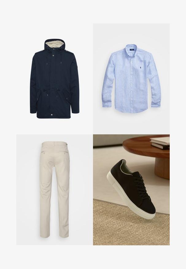 Tamno plavi parka s jaknom koja ima podesivu kapuljaču na vezanje, prednje džepove i mekanu unutarnju oblogu. Ima kopčanje na dugmad i patentni zatvarač.; Plava i bijela prugasta košulja dugih rukava od pamuka, s ovratnikom na dugmad, prednjim dugmadi i malim izvezenim logom na prsima.; Bež hlače s glatkom teksturom, ravnog kroja, dva stražnja džepa s gumbima i standardnim pojasom.; Crna tenisica s bijelim potplatom koja lebdi iznad bež teksturiranog tepiha pored okruglog drvenog stola sa složenim knjigama.